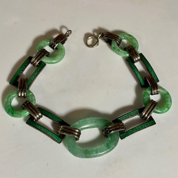 Sterling Amazonite Jade w/ Green Enamel Bracelet